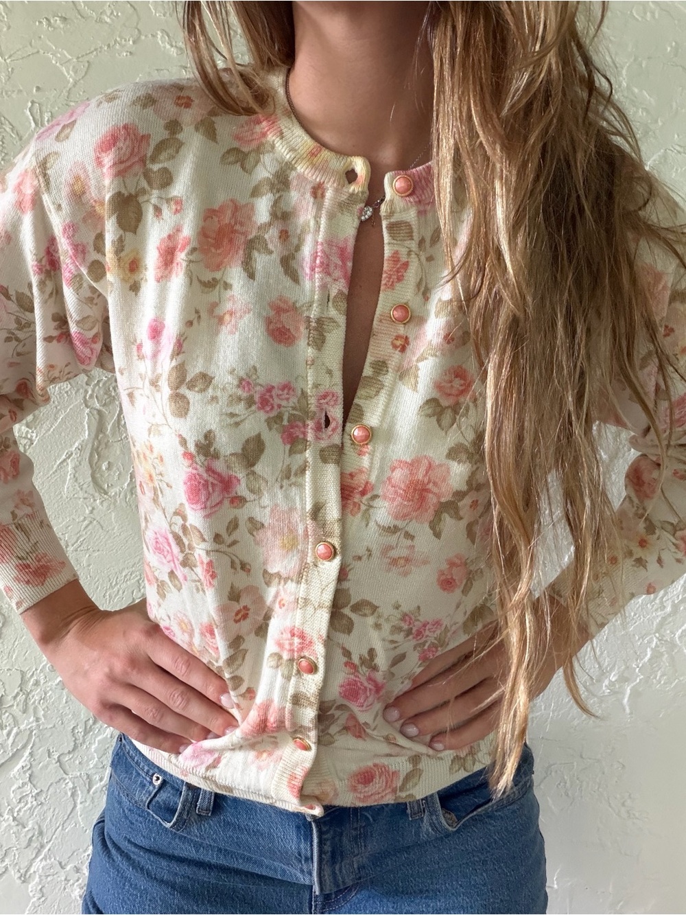 Vintage Maglificio Ginetto Made in Italy Wool Floral Button-Front Cardigan